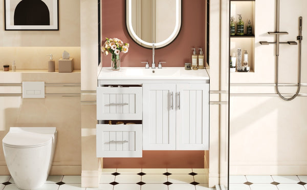 English Elm 36'' Wall Mounted Bathroom Vanity with Ceramic Sink, Solid Wood & MDF Floating Cabinet with Drawers White N710P293299K