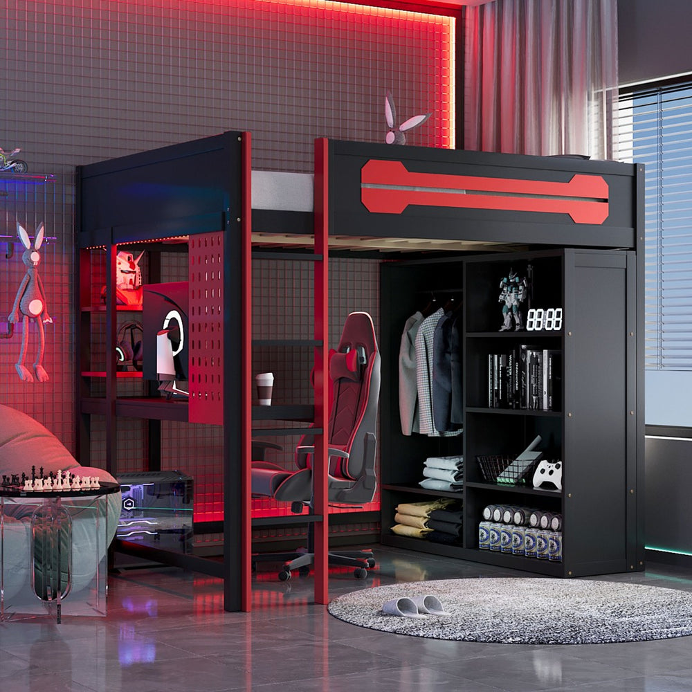 English Elm Full Size Gaming Loft Bed with Rgb Lighting Integrated Desk and Open Wardrobe N820S00073J