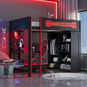 English Elm Full Size Gaming Loft Bed with Rgb Lighting Integrated Desk and Open Wardrobe N820S00073J