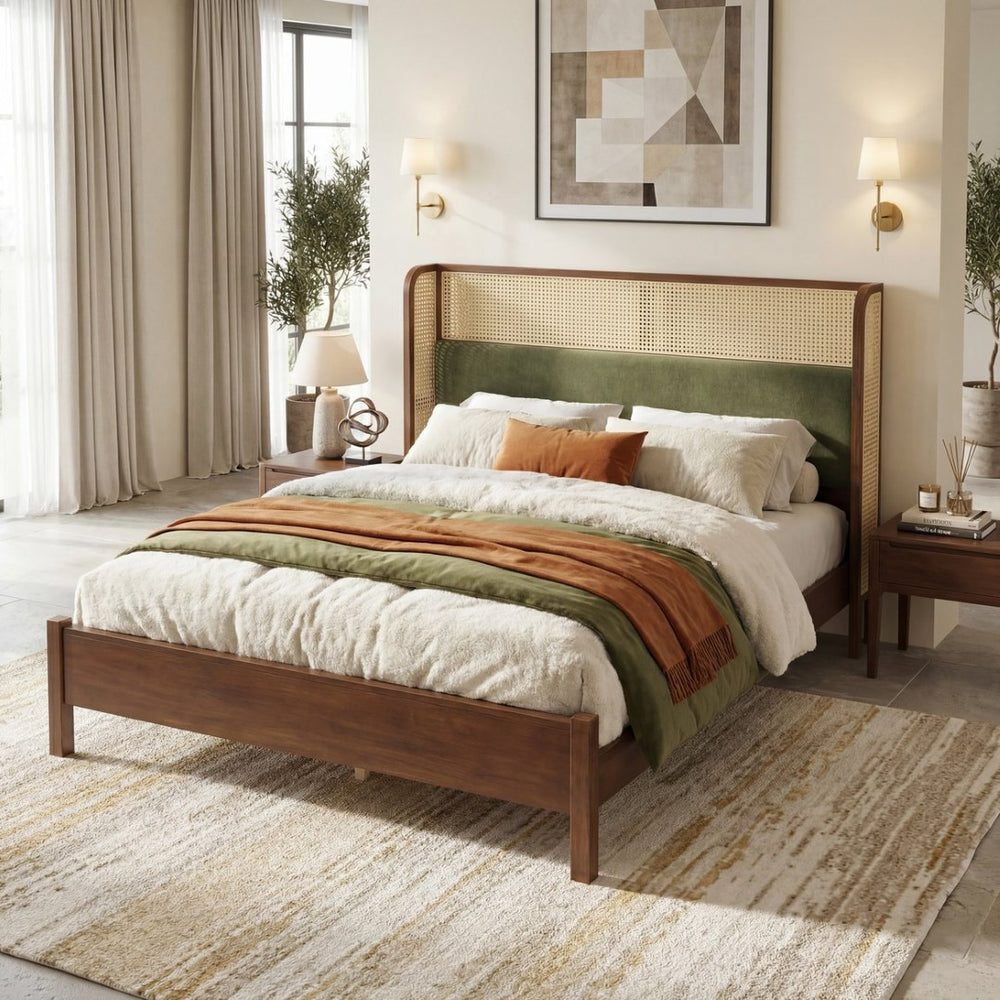 English Elm Queen Platform Bed Solid Wood Frame Velvet Headboard Modern Minimalist Bedroom N770PQ375070D