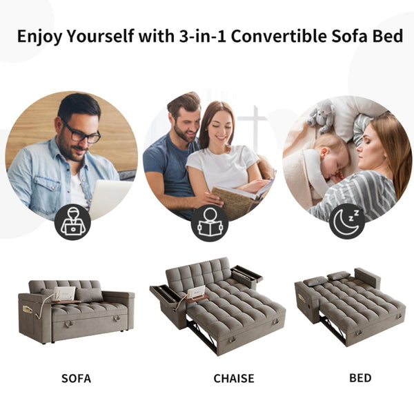 English Elm 65-inch Velvet Convertible Sleeper Sofa with Usb Port Storage Armrests Adjustable Back Dark Gray W2564S00115