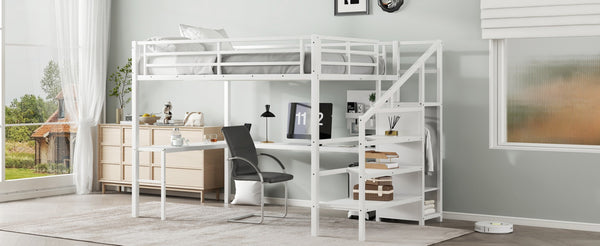 English Elm Queen Size Loft Bed With L-Shaped Desk, Usb Port & Led Lights - Stylish Space-Saving Solution For All W1580S00124-GIGA