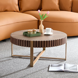English Elm Modern Handcraft Drum Coffee Table 31.5" Round Sturdy Pedestal Accent Table for Living Room Decor Walnut W2582P167673