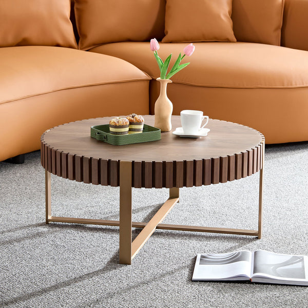 English Elm Modern Handcraft Drum Coffee Table 31.5" Round Sturdy Pedestal Accent Table for Living Room Decor Walnut W2582P167673