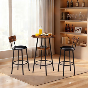English Elm 3 Piece Bar Height Dining Set with Two Tier Storage and Pu Upholstered Stools Rustic W3204P428254
