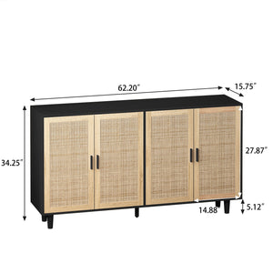 English Elm 62.20"Elegant 4-Door Rattan Storage Cabinet with Solid Wood Legs, Black, Spacious Shelves & Easy Assembly W757P174987