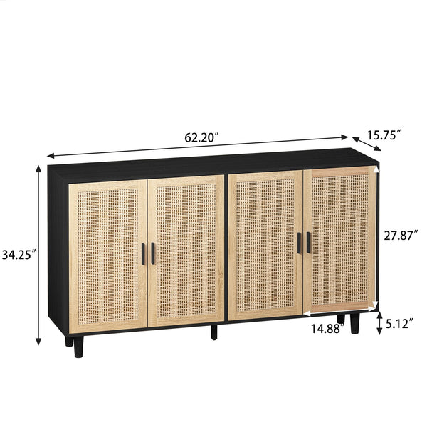 English Elm 62.20"Elegant 4-Door Rattan Storage Cabinet with Solid Wood Legs, Black, Spacious Shelves & Easy Assembly W757P174987