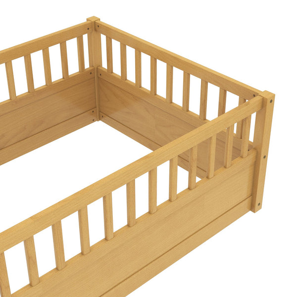 English Elm Twin Montessori Floor Bed Frame for Kids – Pine Playroom Bed with Fence for Reading & Imaginative Play Natural W1580P307880