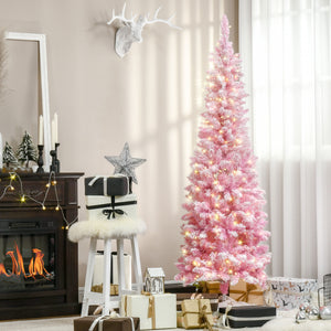 English Elm Homcom 6Ft Snow Flocked Pencil Christmas Tree With Warm White Leds – Perfect Space-Saving Holiday Decor W2225P229398