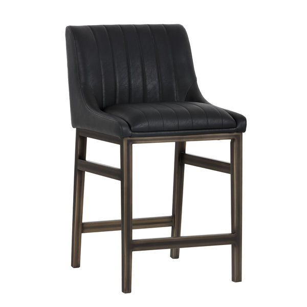 Sunpan Halden Urban Bar Stool with Bold Channel Tufting and Rustic Bronze Steel Frame for Stylish Spaces Vintage Black