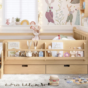 English Elm Queen Bunk Bed with Trundle Solid Pine Kids Car Themed Frame Built-in Bookshelf Light Natural W1580S00544