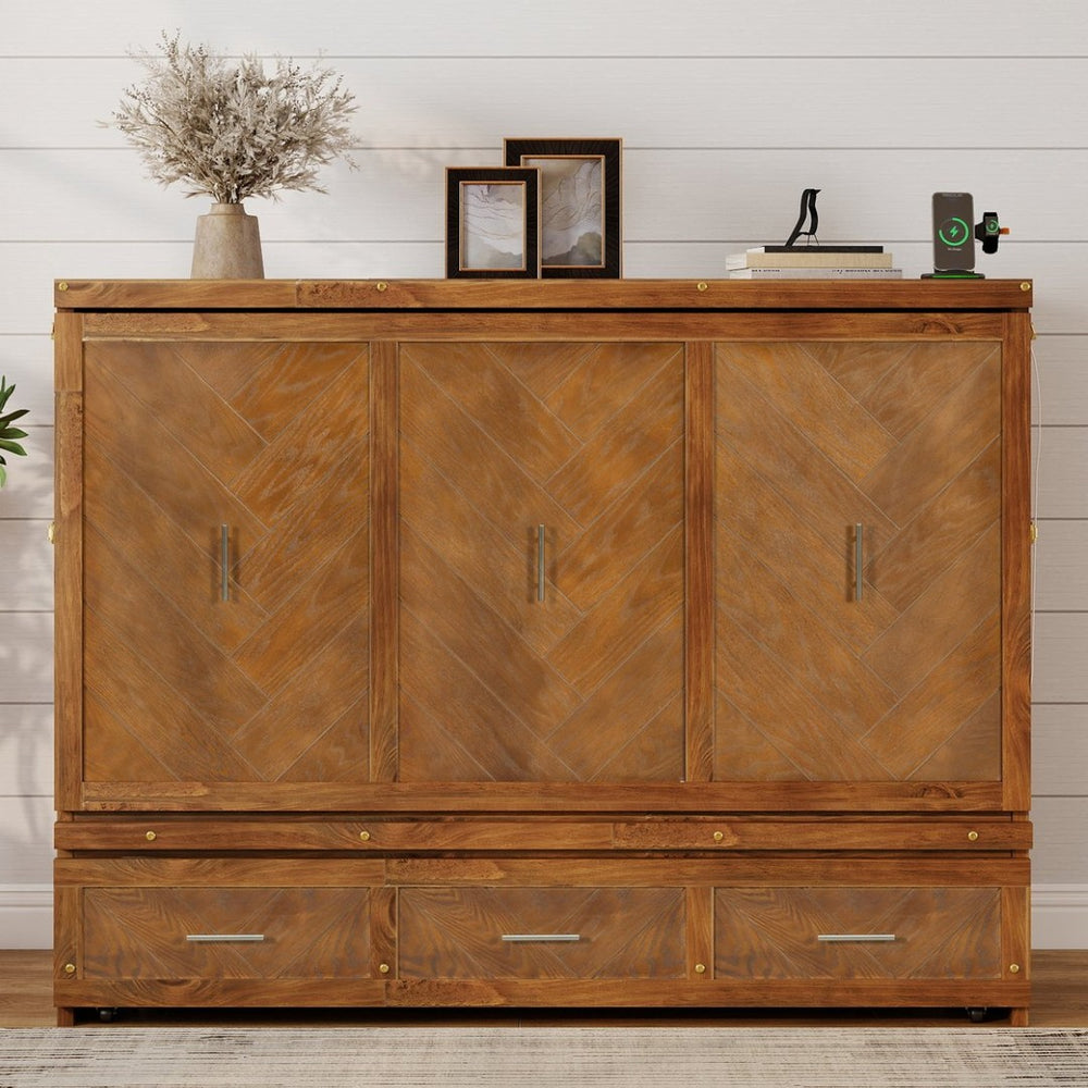 English Elm Queen Murphy Cabinet Bed Pine Wood Geometric Panels Usb Charging Guest Room Storage W504S00303