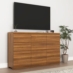 English Elm 12 Drawer Wide Double Dresser Modern Symmetrical Wood Storage Chest for Bedroom Walnut W409S00017