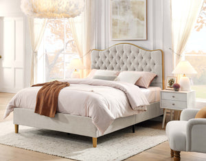 English Elm Luxelegance Tufted Upholstered Queen Bed Frame with Curved Headboard, Sturdy Wood Frame & Plush Finish khaki B343P383337