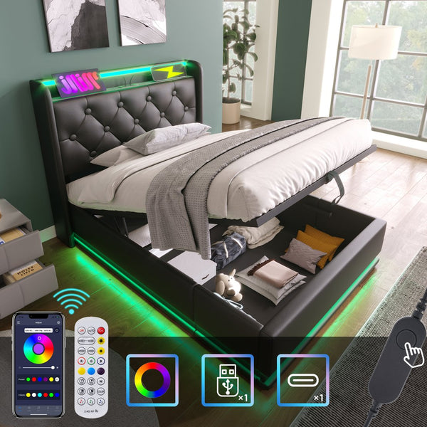 English Elm Twin Upholstered Bed with Hydraulic Storage, Surround LED, App/Remote Control & USB Type-C Charging Black N736P188805B