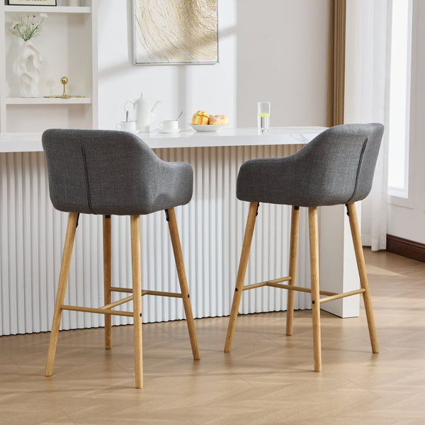 English Elm Modern Linen Upholstered Barstools with Oak Legs Armrests and Footrest for Kitchen Islands Gray W395P396316