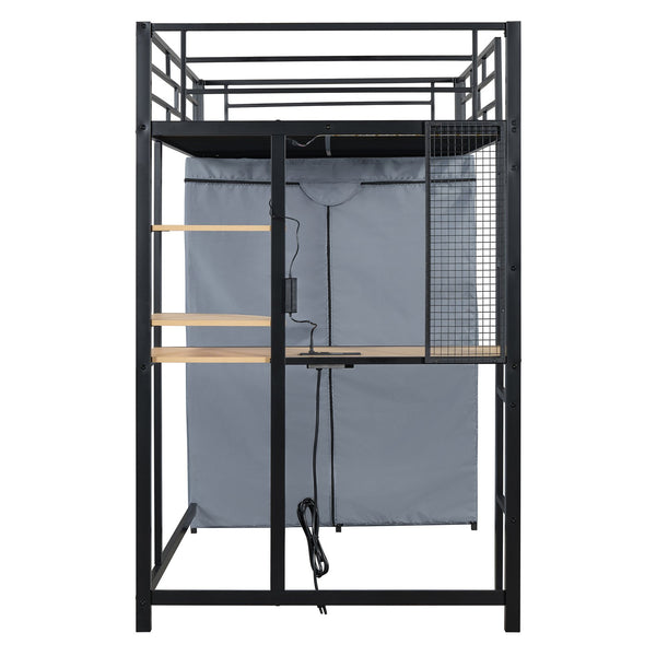 English Elm Twin Loft Bed with Built-In Desk, LED Light Strip, Power Outlet & Fabric Wardrobe for Small Rooms Black SF000178AAB