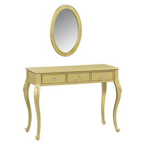 English Elm Luxury Makeup Vanity Desk with Oval Mirror and Engraved Floral Frame, Velvet Jewelry Tray, Durable Drawers and Elegant Console for Bedroom & Living Room Decor Gold N844P292481G