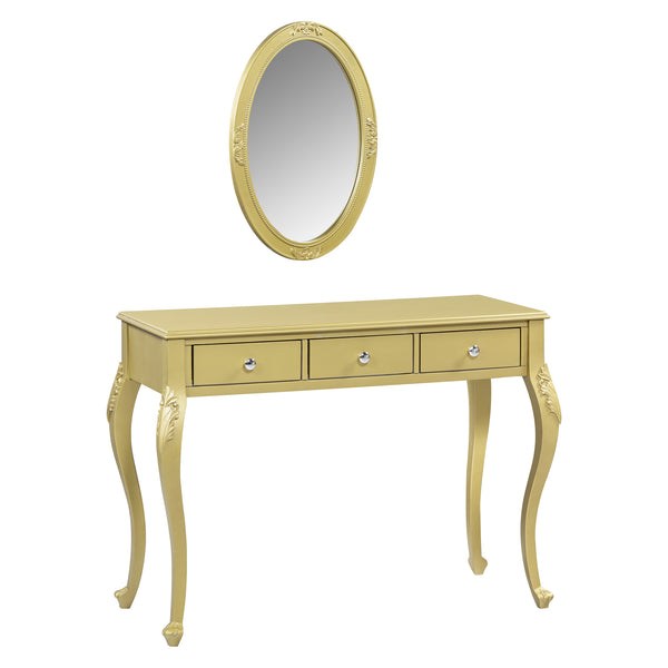 English Elm Luxury Makeup Vanity Desk with Oval Mirror and Engraved Floral Frame, Velvet Jewelry Tray, Durable Drawers and Elegant Console for Bedroom & Living Room Decor Gold N844P292481G