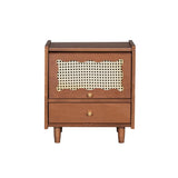 English Elm Wooden Nightstand With Rattan-Woven Storage Cabinet and 1 Drawer, Exquisite Elegance With Natural Storage Solutions For Bedroom, Walnut