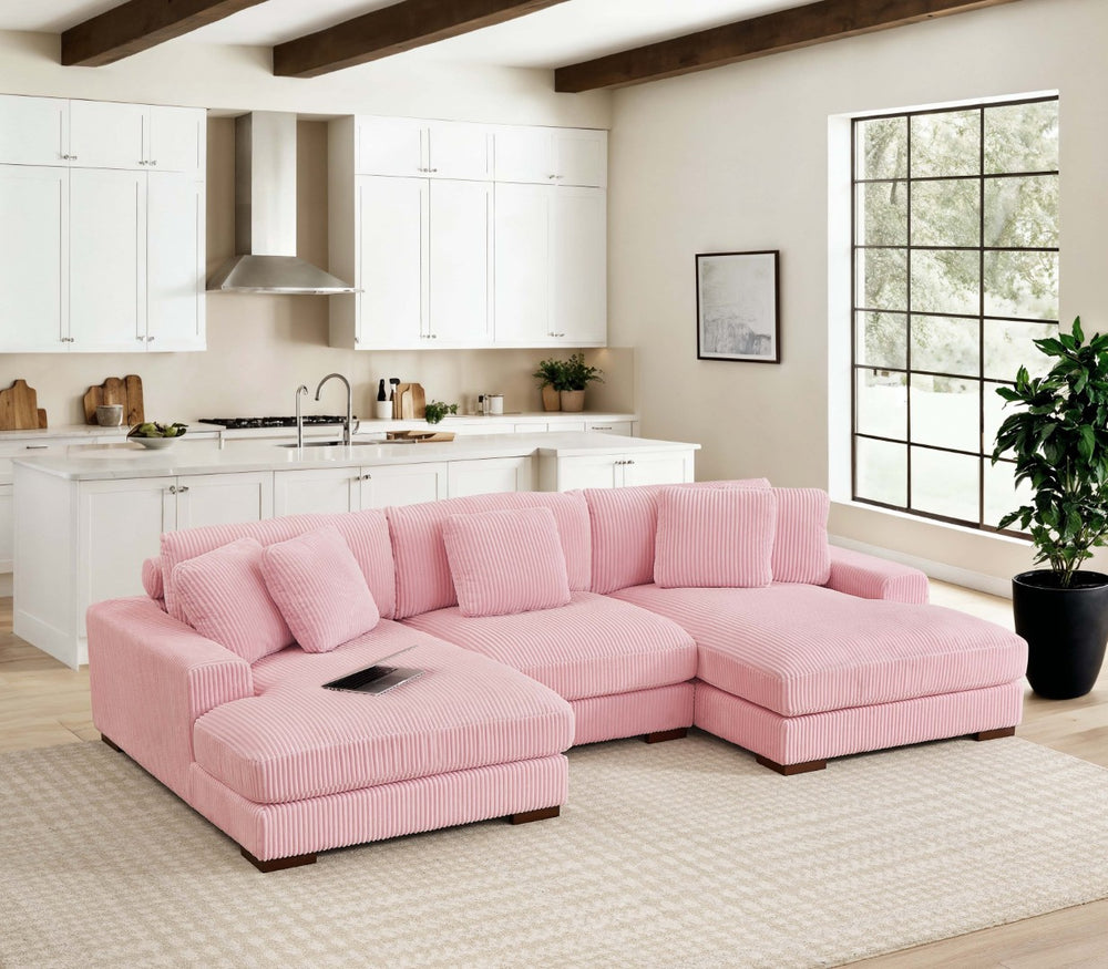 English Elm Large Corduroy Double Chaise Sectional Sofa with Lumbar Support for Spacious Living Rooms Pink B2748S00020