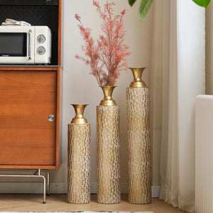 English Elm Metal Decorative Vases Set Of 3 - Antique Gold Finish With Etched Vine Patterns For Elegant Décor W2796P192834