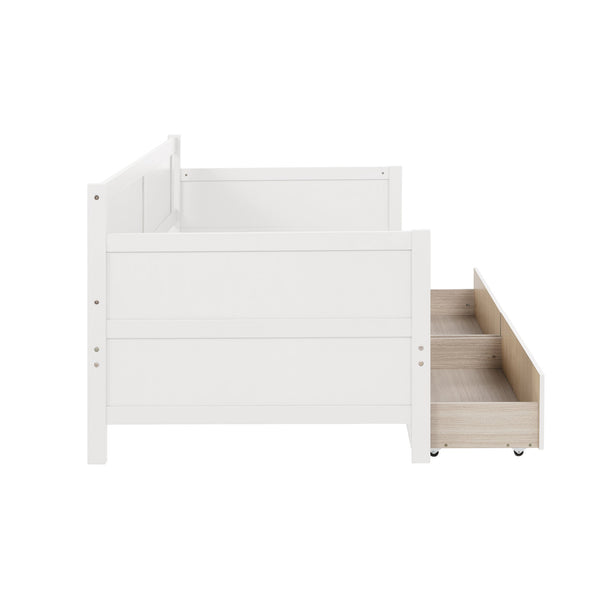 English Elm Twin Pine Wood Daybed with Two Hidden Storage Drawers, Space-Saving Twin Sofa Bed with Clean Silhouette White W504P149045