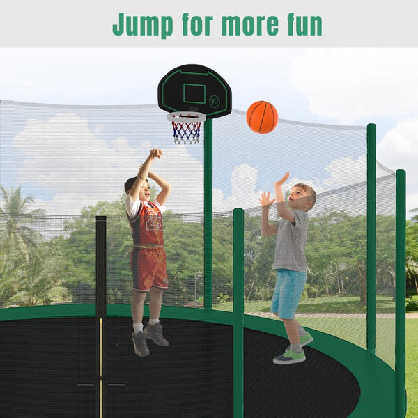 English Elm 14ft Round Backyard Trampoline with Enclosed Safety Net Basketball Hoop and Ladder Green N739S000003F