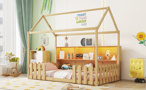 English Elm Twin House Bed with LED Light and Built-In Bookshelf, Solid Wood Playhouse Design for Kids Safety Natural 78.15 L x 15.75 W x 6.1 H W2593P269092