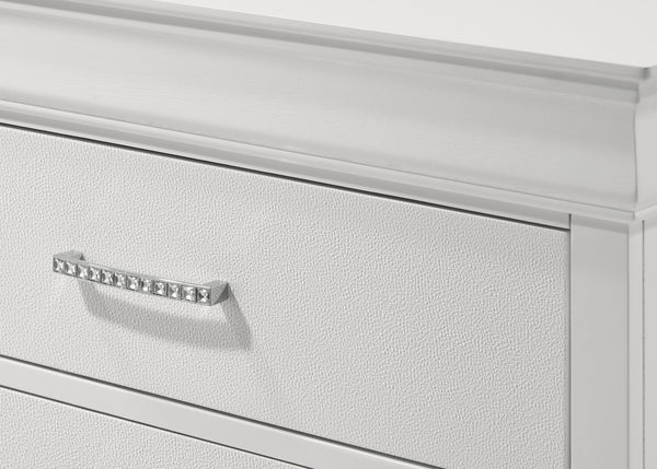 English Elm 5-Drawer Tall Chest 31.5"x15.8"x48.3" White Texture Finish Solid Wood with Crystal Tufted Handles, Nickel Accents B011P304433