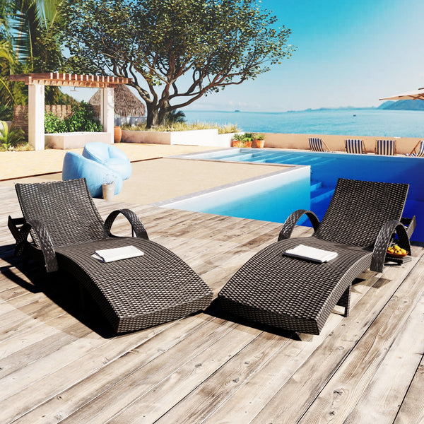 English Elm K&K 80" Outdoor Wicker Chaise Lounge Set of 2 with 2000H UV Wicker, Pull-Out Side Table, 4-Position Recliner Dark Brown WF321204AAD