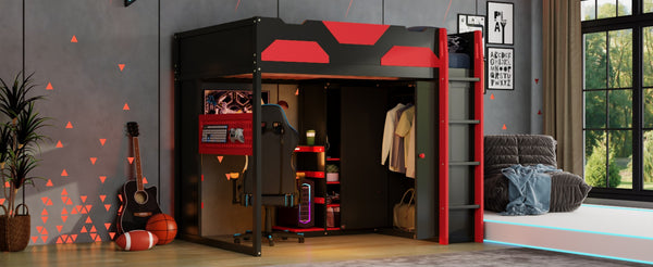 English Elm Full Size Loft Bed with Rgb Lighting Usb Charging Desk Wardrobe and Storage Shelves Red LT000387AAJ