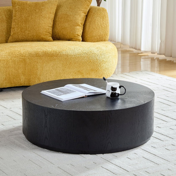 English Elm 35.43 Inch Round Drum Coffee Table Wood Veneer Mdf Pedestal Base for Living Room W2582P389443
