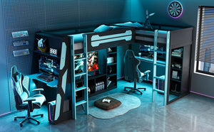 English Elm L-shaped Gaming Loft Bunk Bed Twin Wood Frame Rgb Lighting Usb Ports Storage Shelves Blue LT000295AAC