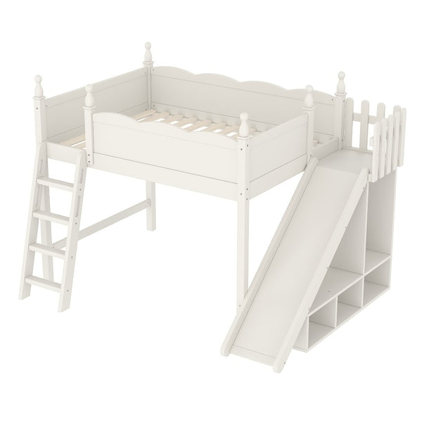 English Elm Twin Loft Bed Solid Pine Frame with Wardrobe Shelving Detachable Slide Kids Room Beige W5305S00023