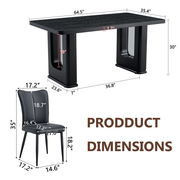 English Elm Table Set: Modern Black Wood Textured Dining Table With 4 Stylish Pu Chairs For Contemporary Dining W1151S04314-GIGA