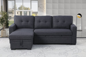English Elm Tufted Linen Sectional Sleeper Sofa with Storage Ottoman and Reversible Chaise Dark Gray B2730S00050