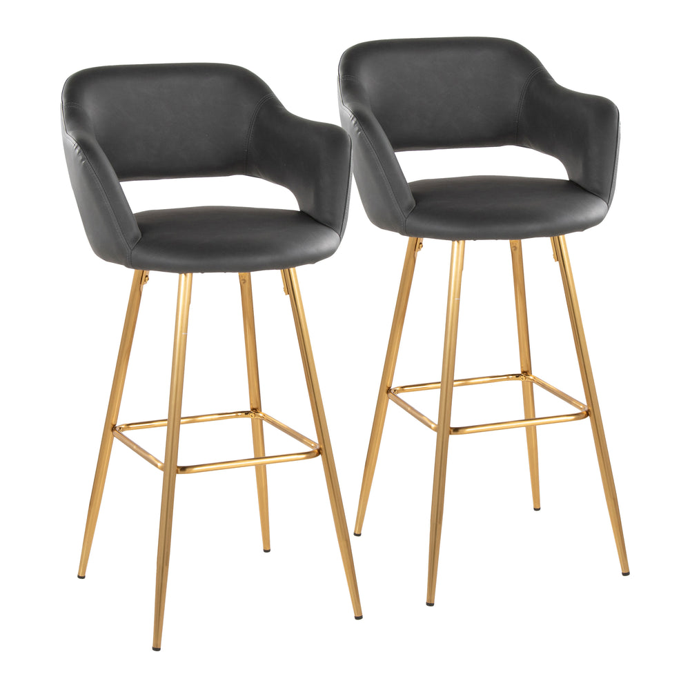 English Elm Margarite 30" Contemporary Fixed-Height Barstool by LumiSource with Gold Metal Legs and Faux Leather Upholstery, Set of 2 Grey B202S00620