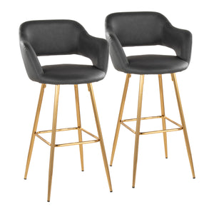 English Elm Margarite 30" Contemporary Fixed-Height Barstool by LumiSource with Gold Metal Legs and Faux Leather Upholstery, Set of 2 Grey B202S00620
