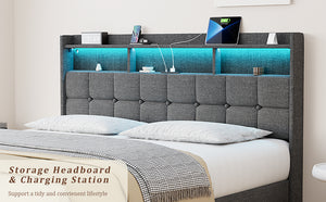 English Elm King LED Upholstered Bed Frame with Storage Headboard, 2 Drawers, Fast Charging Ports & Mood Lights W1550P190366