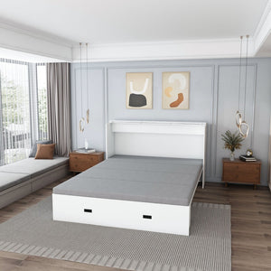English Elm 57 Inch Murphy Bed Cabinet with Storage Drawers Charging Station and Rolling Casters White W509S00155