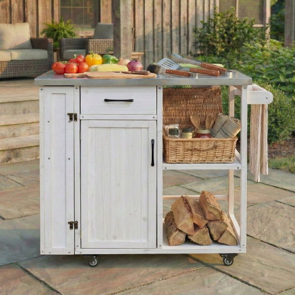 English Elm Foldable Outdoor Kitchen Cart with Stainless Worktop Fir Wood Frame and Lockable Wheels White N719P380278K