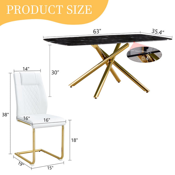 English Elm Table and Chair Set Marble Tempered Glass Top Gold Sculptural Legs Four Pu Seats Black+Gold,White W1151S03294