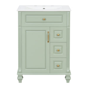 English Elm 24 Inch Freestanding Bathroom Vanity Solid Rubberwood Ceramic Sink Matte Finish Storage Green N725P375626G