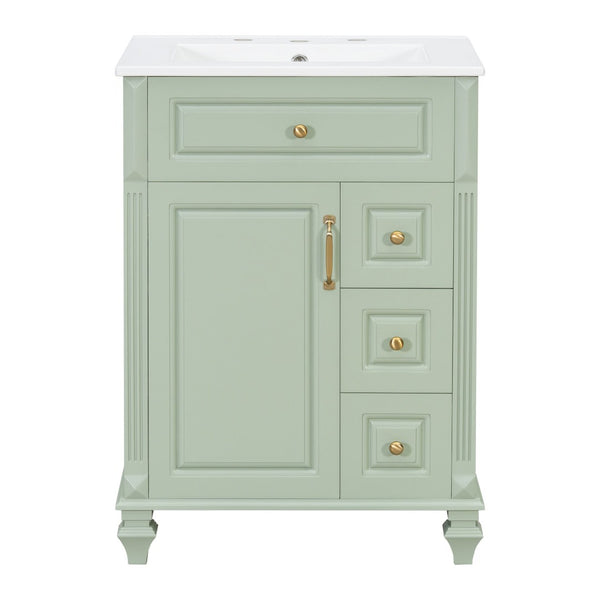 English Elm 24 Inch Freestanding Bathroom Vanity Solid Rubberwood Ceramic Sink Matte Finish Storage Green N725P375626G