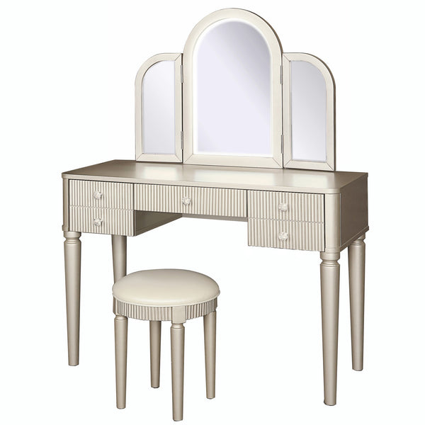 English Elm AGODY Mirrored Vanity with LED Light and Solid Rubber Wood Frame, Skin-Friendly PU Seat for Bedroom Champagne W2170P208424