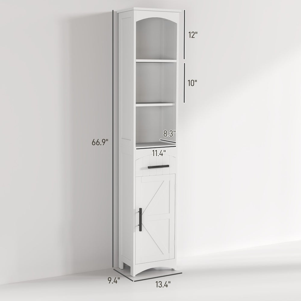 English Elm Narrow Farmhouse Storage Cabinet Sliding Barn Door Weathered Oak Finish Bathroom Tower T3971P430759