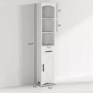 English Elm Narrow Farmhouse Storage Cabinet Sliding Barn Door Weathered Oak Finish Bathroom Tower T3971P430759