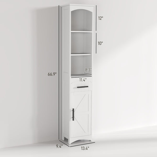English Elm Narrow Farmhouse Storage Cabinet Sliding Barn Door Weathered Oak Finish Bathroom Tower T3971P430759