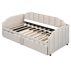 English Elm Twin Linen Upholstered Daybed with Pop up Trundle and Built in Usb Charging Beige SF000199AAA
